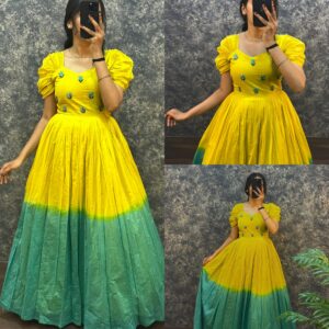 Yellow with sky-blue mal cotton frocks