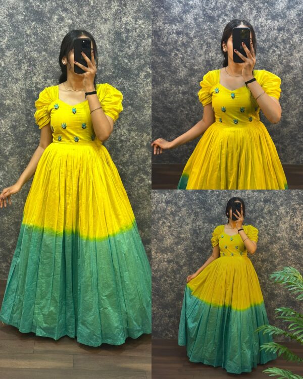 Yellow with sky-blue mal cotton frocks